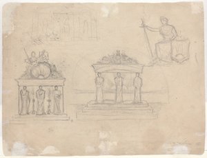 Studier av klassiska tempelfasader och sittande kvinnlig figur [verso] av John William Casilear
