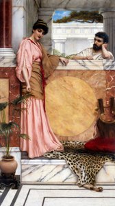"Par under antiken, i en adelsmans villa (romersk), mannen verkar vänta på kvinnans svar. Målning av John William Godward (1861-1922) 1889 Privat samling av John William Godward