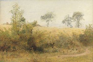 The Bat Begins with Giddy Wing - Barley Field Over the Hedge, 1885 (wc & penna med utskrapa på papper)