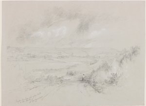 Haydon Bridge, Langley Castle in the Distance (bc och penna på papper) av John Wilson Carmichael