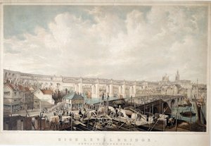 High Level Bridge, Newcastle upon Tyne, graverad av George Hawkins (1819-52) (handfärgad litho) av John Wilson Carmichael