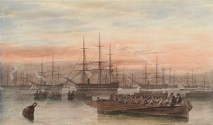 Östersjöflottan på natten med fartygsbåtar i förgrunden av John Wilson Carmichael