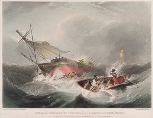 Förlisningen av ångfartyget Forfarshire på klipporna vid Farneöarna (England), som den såg ut vid soluppgången den 7 september av John Wilson Carmichael