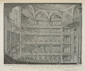 Interiör av Late Theatre Royal, Drury Lane, i London, byggd av Henry Holland, 1794, förstörd av brand 1809, graverad av Dale, 1820 av John Winston
