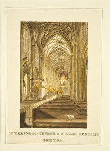 Vy över Center Aisle of St Mary Redcliffe, blick österut, visar Hogarth altartavla, c.1824 (penna och akvarell på papper) av John Withers