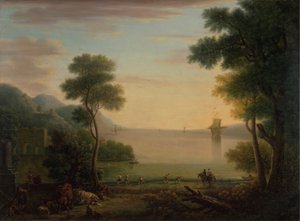 Klassiskt landskap med figurer och djur: solnedgång av John Wootton