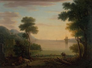 Klassiskt landskap med figurer och djur: Solnedgång
