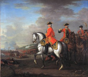 Kung George II (1683-1760) vid slaget vid Dettingen, med hertigen av Cumberland och Robert, 4:e Earl of Holderness, 27 juni 1743, ca 1743