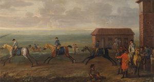 Lord Portmore tittar på kapplöpningshästar på träningen på Newmarket Heath av John Wootton