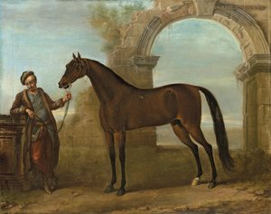 Godolphin Arabien, hållen av en brudgum, i ett landskap med en förstörd båge, 1731 av John Wootton