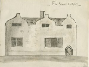 Lichfield - Grammar School: sepiatvättteckning, nd [1784] (teckning)