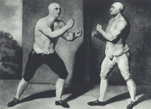 Tidiga brittiska barfistboxare, John Broughton (vänster) och George Stevenson slåss 1741: Broughton uppfann boxningshandsken (mezzotint)