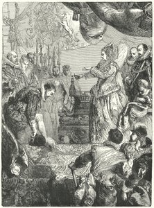 Sir Francis Drake tar emot sitt riddarskap av drottning Elizabeth I, 1581 av John after Gilbert