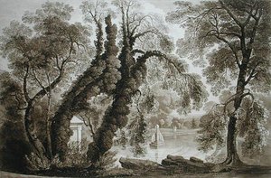 Utsikt över tempelfontänen från motsatt sida, Sezincote, graverad av Frederick Christian Lewis Snr. (1779-1856), c.1817-18 (sepiaakvatint) (se även 171661)