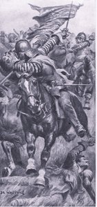 Löjtnant John Smith återtar kungens standard vid Edgehill, 23 oktober 1642, illustration från British Battles on Land and Sea, 1915