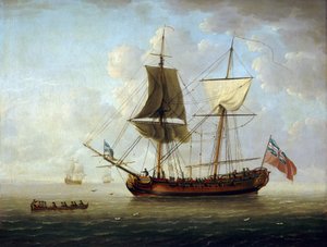 En brittisk brigantin med röd flagga och Union Jack utanför kusten i lugnt hav. Olja på duk
