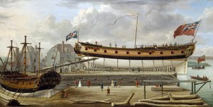 Ett fartyg av sjätte klass (sixth rate), ett brittiskt örlogsfartyg från Royal Navy, i torrdocka, varvet är troligen det i Rotherhite, på Themsens södra strand (England)
