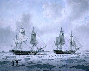The Ships of Lord Mulgraves Expedition of Discovery inbäddade i is i polarområdena av John the Younger Cleveley