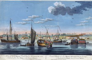 Vy över de kungliga hamnarna i Woolwich, på Themsens vänstra strand (England), i grevskapet Kent. Etsning i färg av John Clevely den yngre (1747-1786) av John the Younger Cleveley