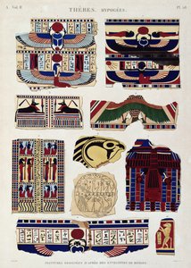 Illustrationer av målade mönster från mumiernas omslag, Hypogees, Thebe, plåt 58 från Vol II av `Descriptions of Egypt`, graverade av Willemin, 1822 (akvatint) av Jomard