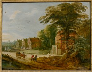 Resenärer som passerar genom en by (olja på panel) av Joos de (studio of) Momper