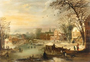 Vinterbylandskap vid en frusen flod av Joos de Momper the younger