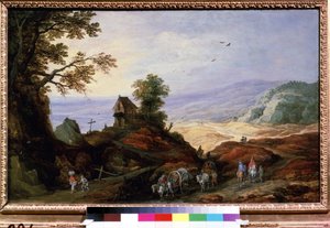 Landskap med ett kapell på en kulle. Bönder på plogar går på vägarna. Målning av Joos de Momper Le Jeune (1564-1635), cirka 1608-1610. flamländsk konst. Olja på trä. Pushki konstmuseum