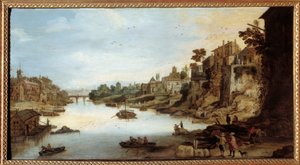 Utsikt över Tibern (Tevere) i Rom Ett hus på pålar till vänster. Målning av Josse Momper II (1564-1635)
