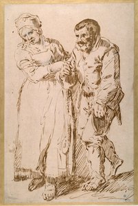 En äldre bondes steg guidade av sin fru (penna och bläck med krita på papper) av Joos van (attr. to) Craesbeeck