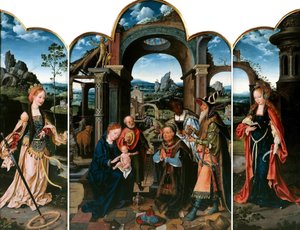Nederländska: Sankta Katarina (vänster); De vises tillbedjan (mitten); Sankta Barbara (höger) De vises tillbedjan med Sigismund I av Polen av Joos van Cleve