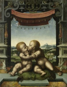 Spädbarnen Kristus och Johannes Döparen omfamnar, 1520-25 av Joos van Cleve