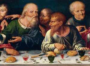 Nattvarden, Judas och de andra apostlarna, Joos van Cleve (1485-1540 ca), altartavla från kyrkan Frati Minori i Genua, Italien