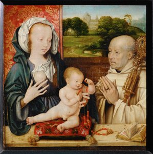 Jungfru och barn med Sankt Bernhard av Clairvaux. I bakgrunden klostret i Cluny ... av Joos van Cleve