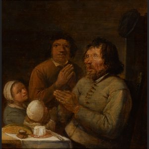 Interiör med en bondefamilj som ber av Joos van Craesbeeck