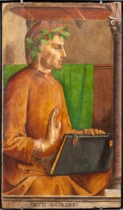 Bild av Dante Alighieri (1265-1321), poet, italiensk författare, författare till den gudomliga komedin, huvudbonad av en liripion - Målning av Juste av Gent (Joos van Wassenhove) (cirka 1435-cirka 1475) och Pedro Berruguete (cirka 1450- före 1504), del av  av Joos van Gent (fl.1460 75)