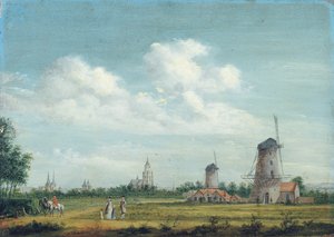Utsikt över Arnhem med St. Walburgiskerk till vänster och Grote Kerk till höger, elegant stadsfolk som promenerar i närheten, 1776