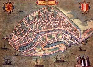 Karta över Dordrecht, från "Civitates Orbis Terrarum" av Georg Braun (1541-1622) och Frans Hogenburg (1535-90), ca 1572 (kolorerat gravyr) av Joris (after) Hoefnagel