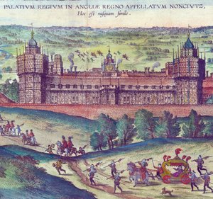 Drottning Elizabeth I:s ankomst till Nonsuch Palace, 1598 handfärgad koppargravyr detalj av 324184 av Joris Hoefnagel