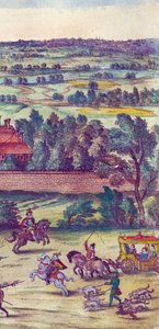 Hovmän och jakthundar som åtföljer ankomsten av drottning Elizabeth I till Nonsuch Palace, 1598 handfärgad koppargravyr detalj av 324184 av Joris Hoefnagel