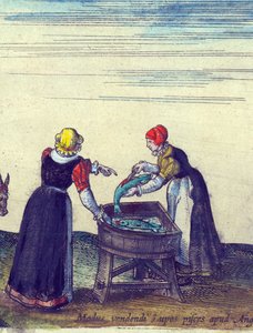 Fiskfruar som säljer och rensar gädda, 1598 handfärgad koppargravyr detalj av 324184 av Joris Hoefnagel