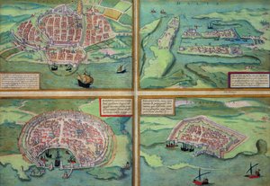 Karta över Calais, Malta, Rhodos och Famagusta, från "Civitates Orbis Terrarum" av Georg Braun (1541-1622) och Frans Hogenberg (1535-90), omkring 1572.
