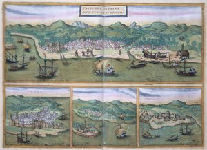 Karta över Calicut, från "Civitates Orbis Terrarum" av Georg Braun (1541-1622) och Frans Hogenberg (1535-90), ca 1572