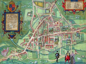 Karta över Cambridge, från "Civitates Orbis Terrarum" av Georg Braun (1541-1622) och Frans Hogenberg (1535-90), omkring 1572.