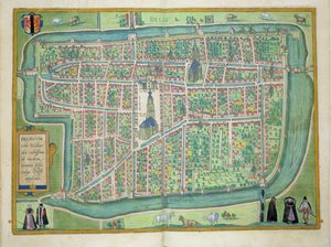 Karta över Delft, från "Civitates Orbis Terrarum" av Georg Braun (1541-1622) och Frans Hogenberg (1535-90) ca 1572-1617