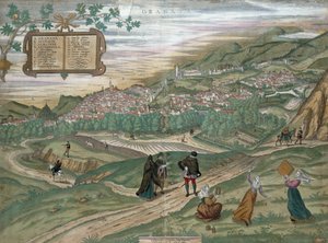 Karta över Granada, från "Civitates Orbis Terrarum", volym I nummer 4, av Georg Braun (1541-1622) och Frans Hogenberg (1535-90), 1565
