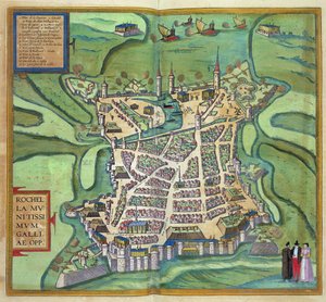 Karta över La Rochelle, från "Civitates Orbis Terrarum" av Georg Braun (1541-1622) och Frans Hogenberg, ca 1572 (färggravyr)
