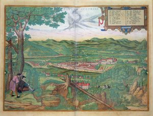 Karta över Linz, från "Civitates Orbis Terrarum" av Georg Braun (1541-1622) och Frans Hogenberg (1535-90) 1594