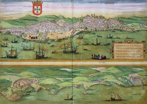 Karta över Lissabon och Cascais, från "Civitates Orbis Terrarum" av Georg Braun (1541-1622) och Frans Hogenberg (1535-90), ca 1572
