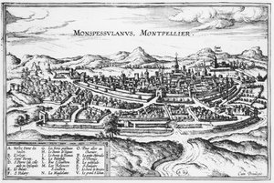 Karta över Montpellier, från "Civitates Orbis Terrarum" av Georg Braun (1541-1622) och Frans Hogenberg (1535-90) Bryssel 1574 (se även 121038)