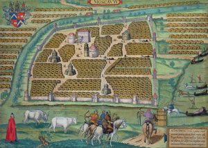Karta över Moskva, från "Civitates Orbis Terrarum" av Georg Braun (1541-1622) och Frans Hogenberg (1535-90), ca 1572 (kolorerad gravyr)